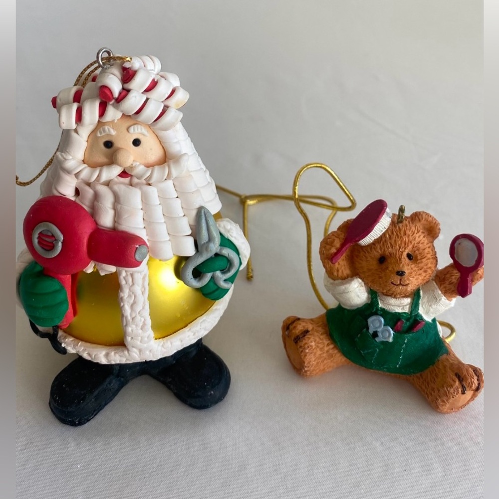 Avon Bear And Santa Hairdresser Ornaments Set 2